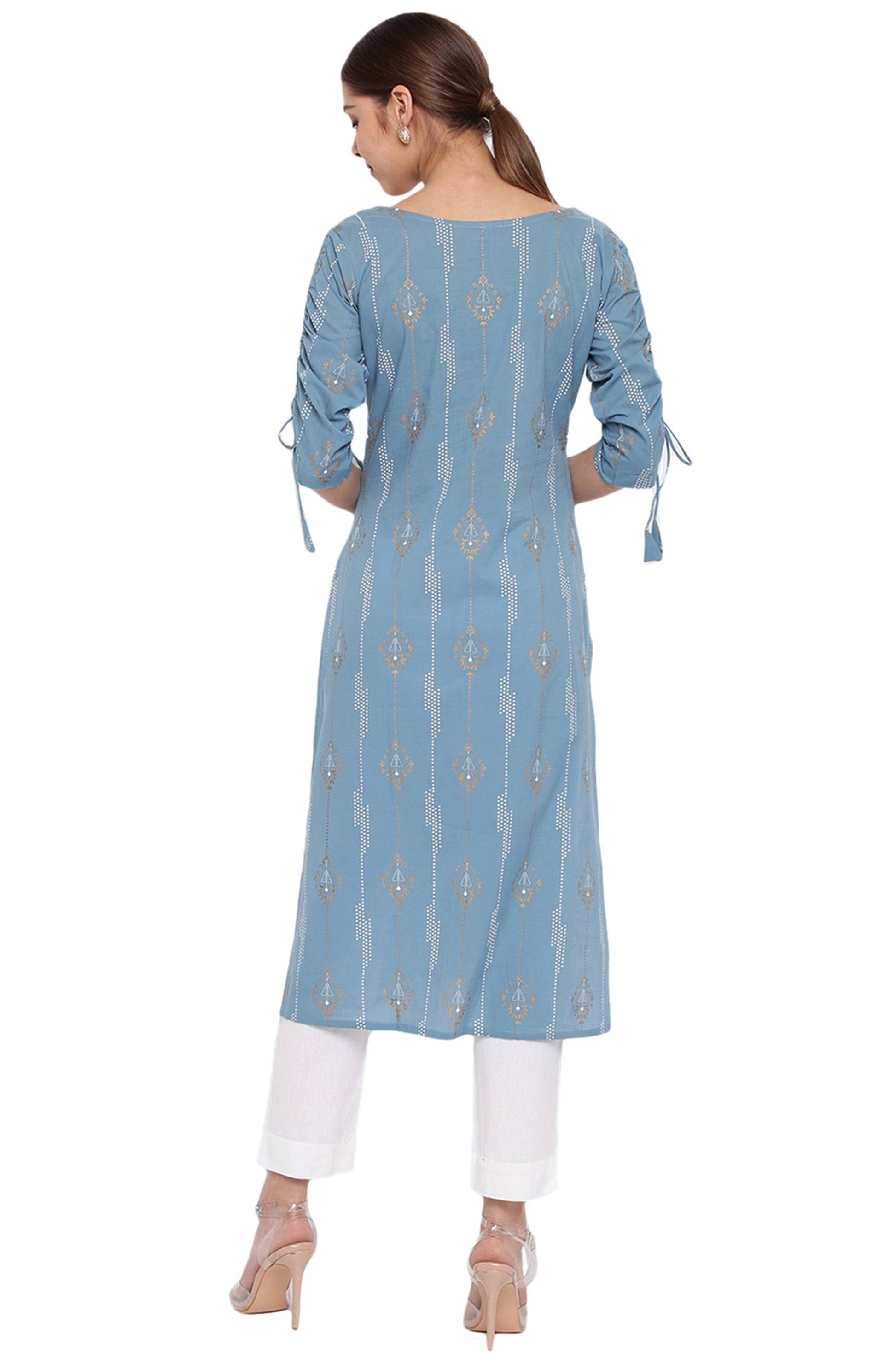 Janasya Turquoise Blue Cotton Ethnic Motifs Straight kurta | Swadesiicart