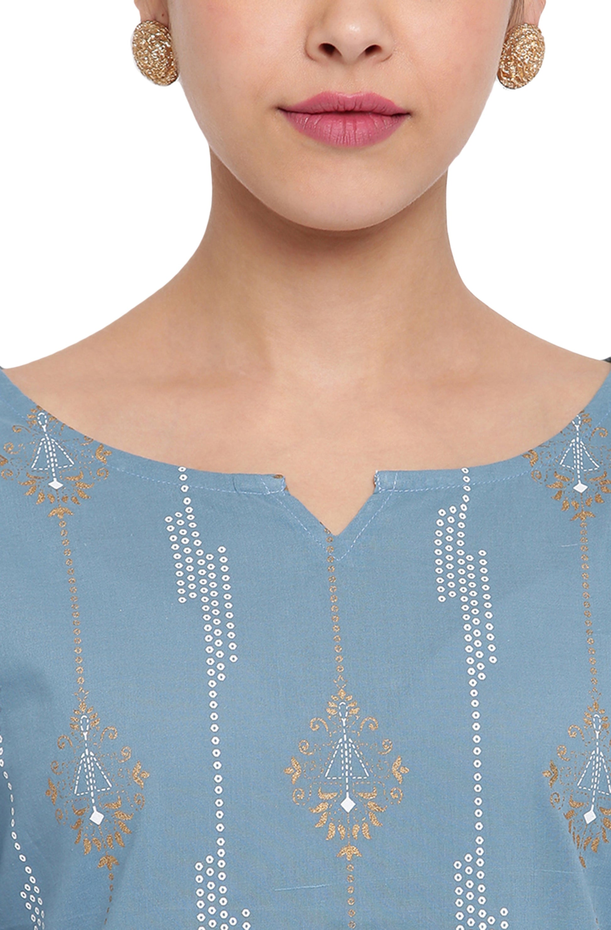 Janasya Turquoise Blue Cotton Ethnic Motifs Straight kurta | Swadesiicart