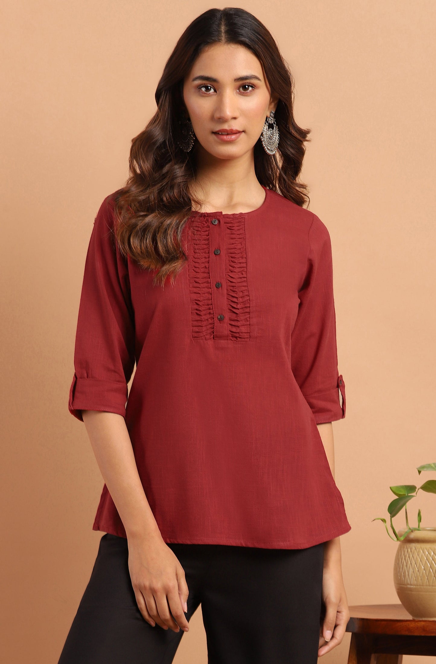Janasya Women's Maroon Cotton Slub Solid Regular Top | Swadesiicart