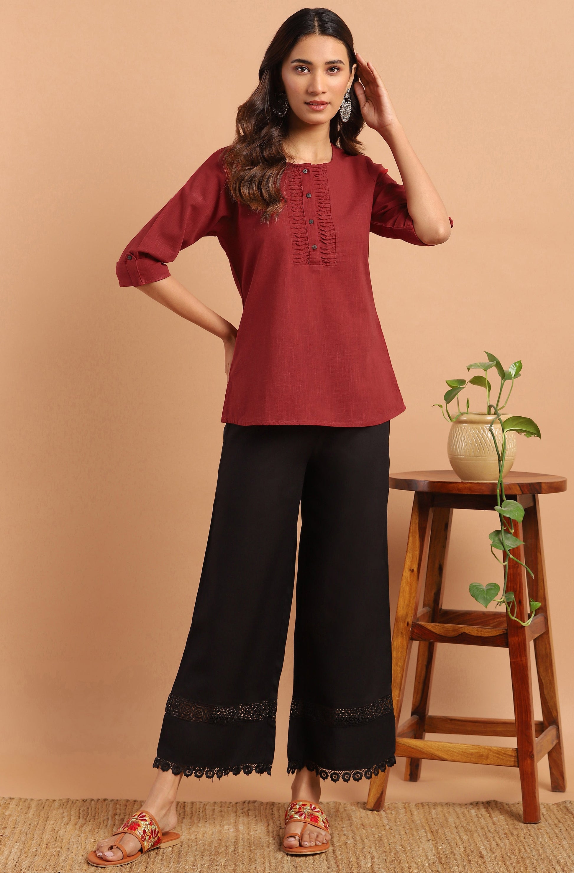 Janasya Women's Maroon Cotton Slub Solid Regular Top | Swadesiicart