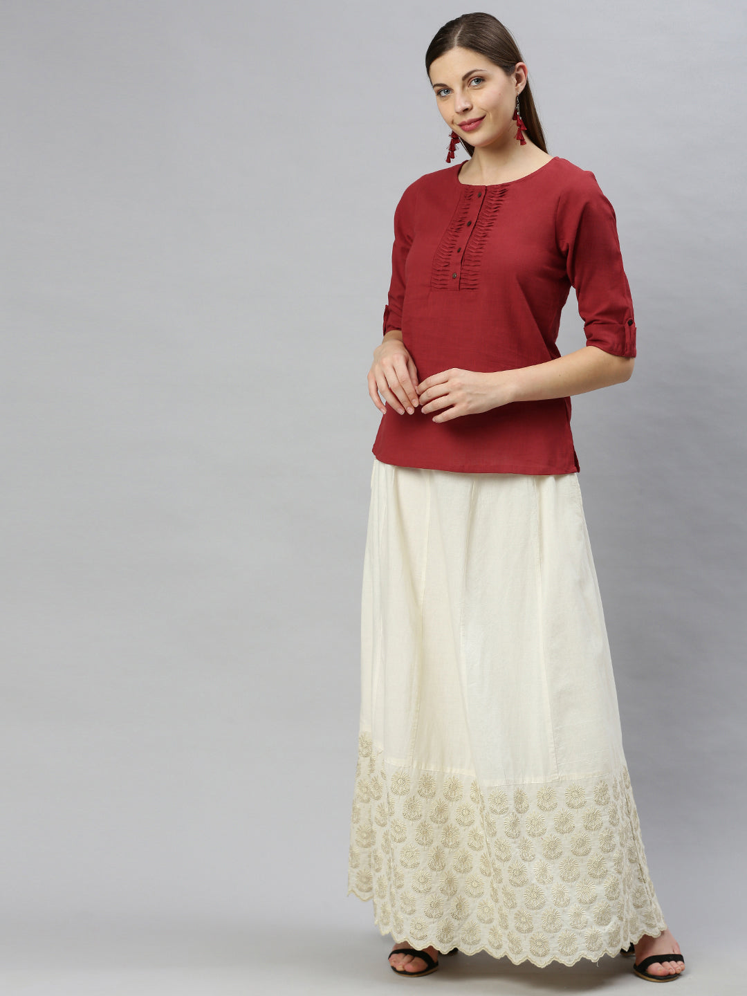 Janasya Women's Maroon Cotton Slub Solid Regular Top | Swadesiicart