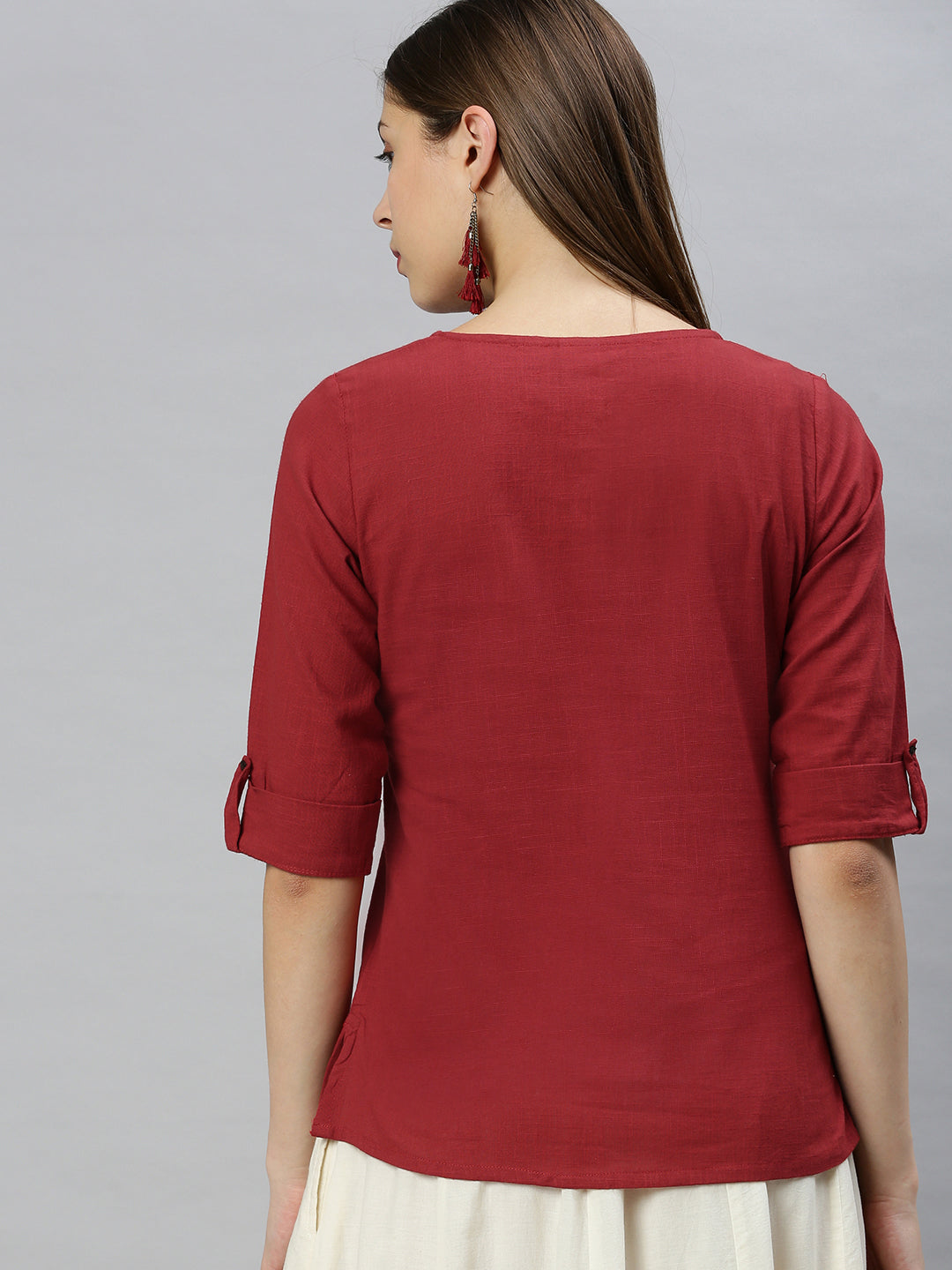 Janasya Women's Maroon Cotton Slub Solid Regular Top | Swadesiicart