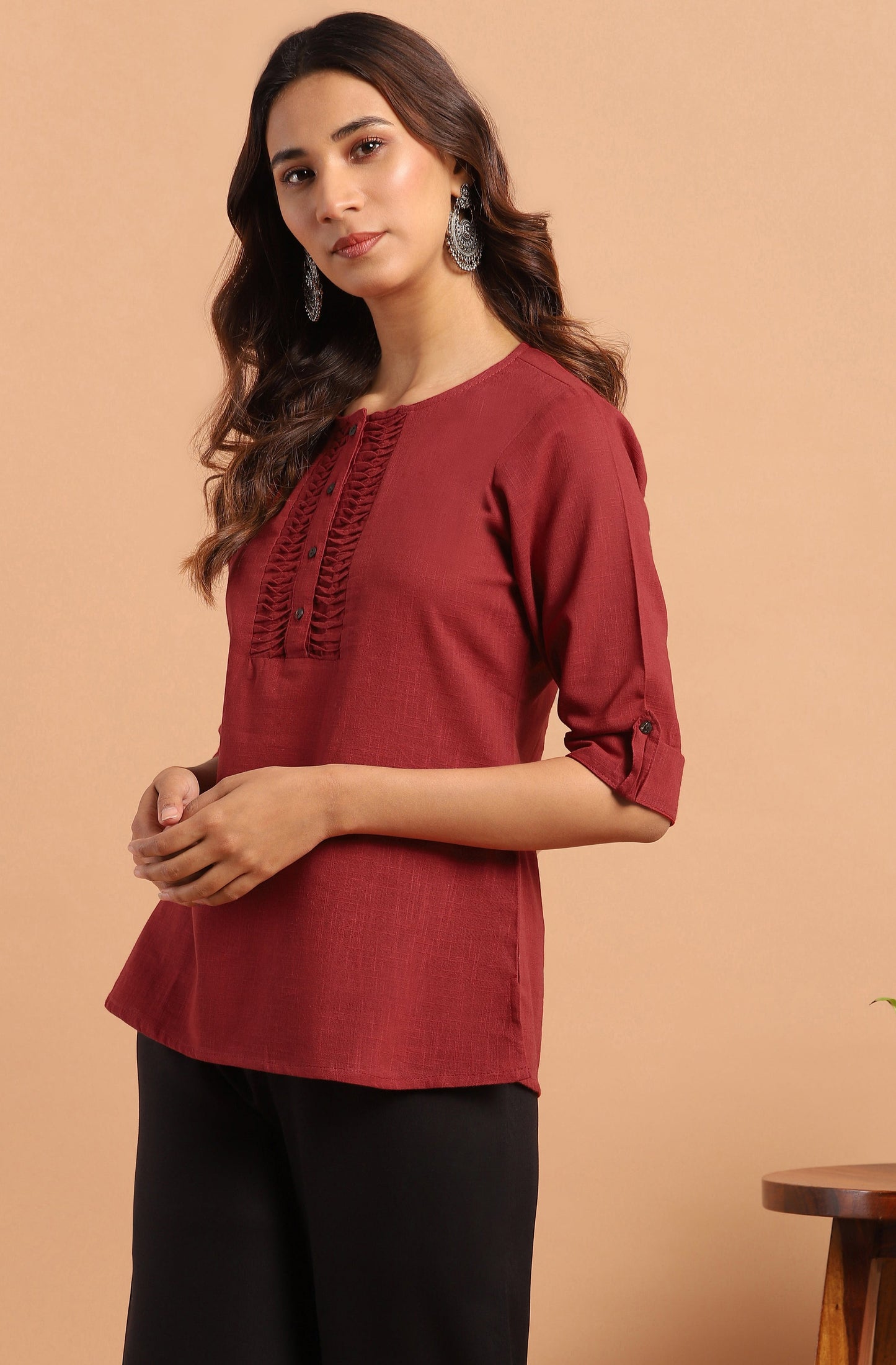 Janasya Women's Maroon Cotton Slub Solid Regular Top | Swadesiicart
