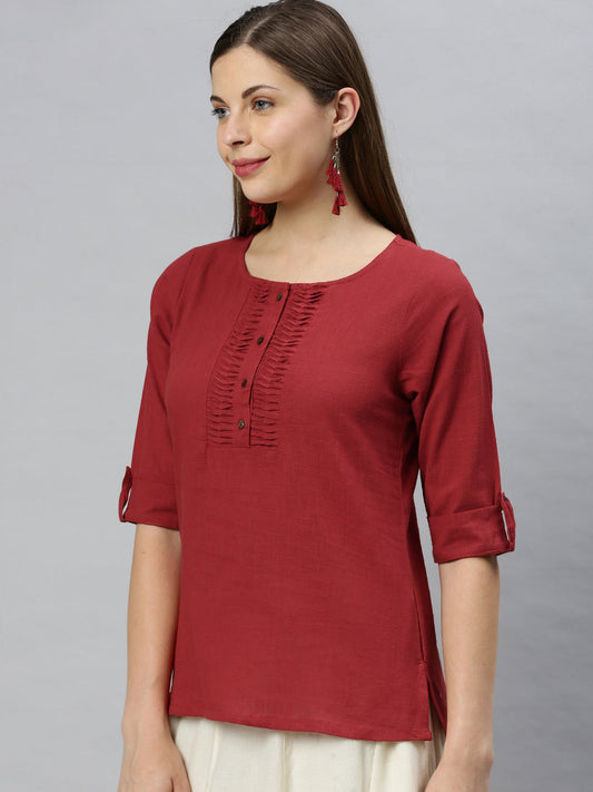 Janasya Women's Maroon Cotton Slub Solid Regular Top | Swadesiicart