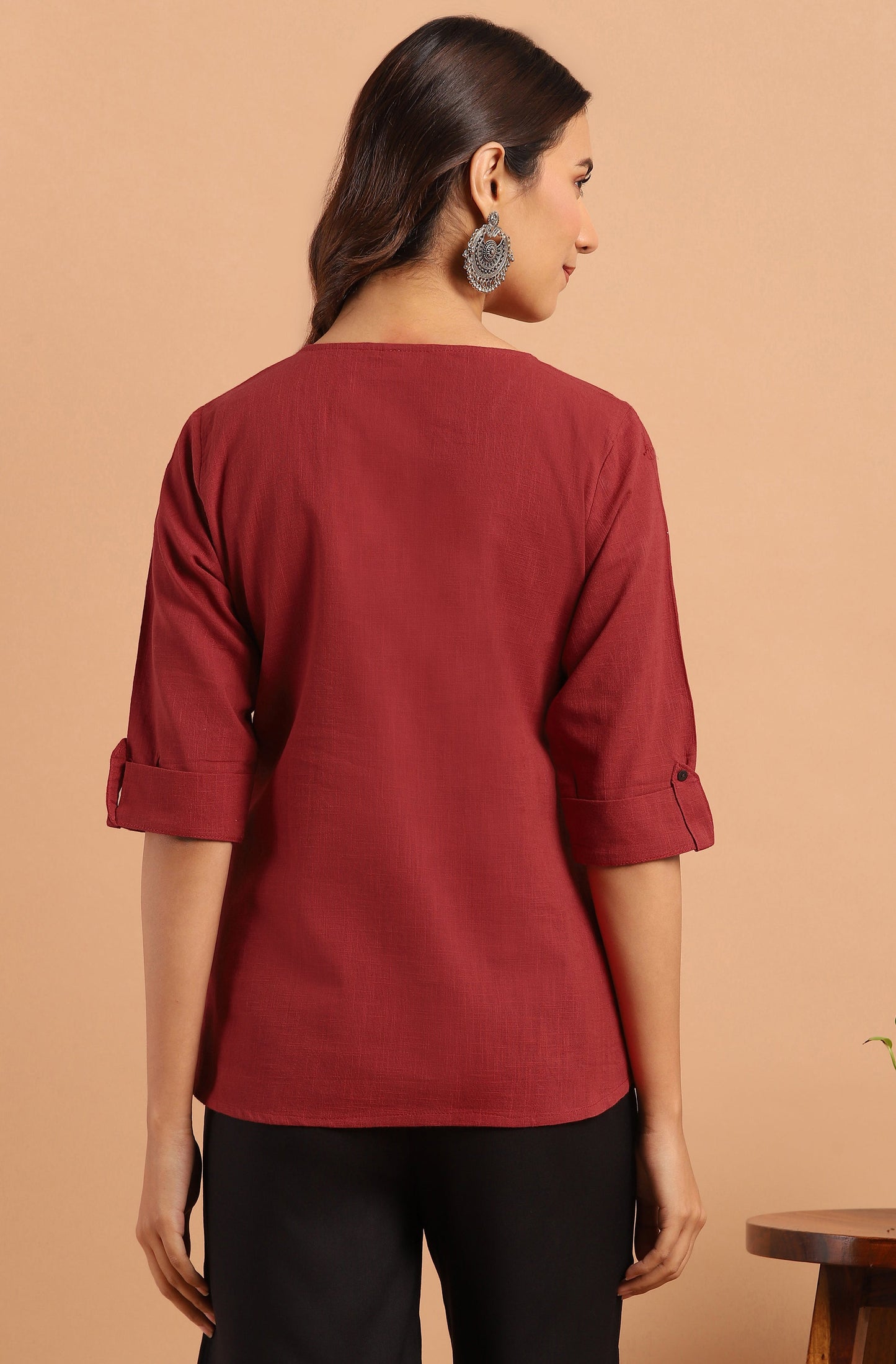 Janasya Women's Maroon Cotton Slub Solid Regular Top | Swadesiicart