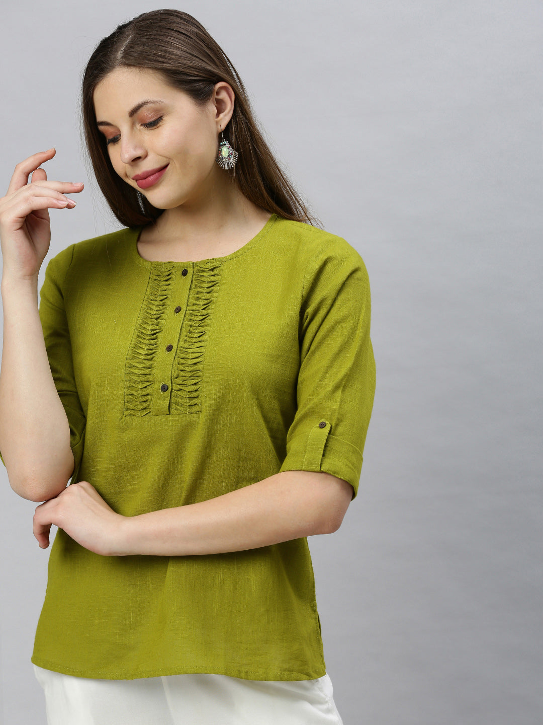 Janasya Women's Green Cotton Slub Solid Regular Top | Swadesiicart