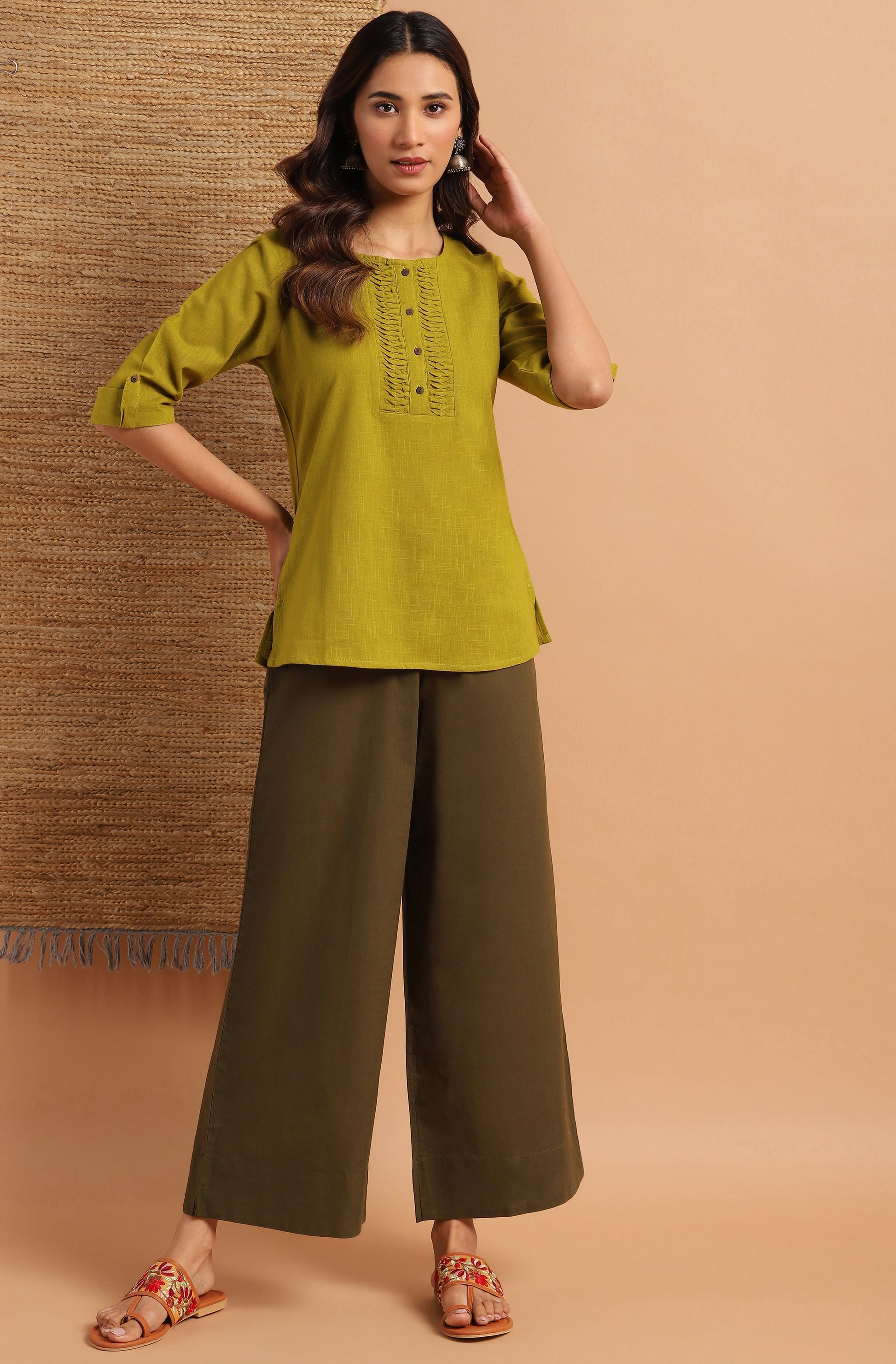 Janasya Women's Green Cotton Slub Solid Regular Top | Swadesiicart