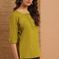 Janasya Women's Green Cotton Slub Solid Regular Top | Swadesiicart