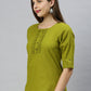 Janasya Women's Green Cotton Slub Solid Regular Top | Swadesiicart