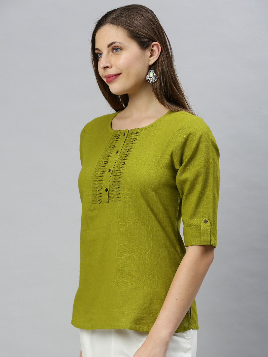 Janasya Women's Green Cotton Slub Solid Regular Top | Swadesiicart