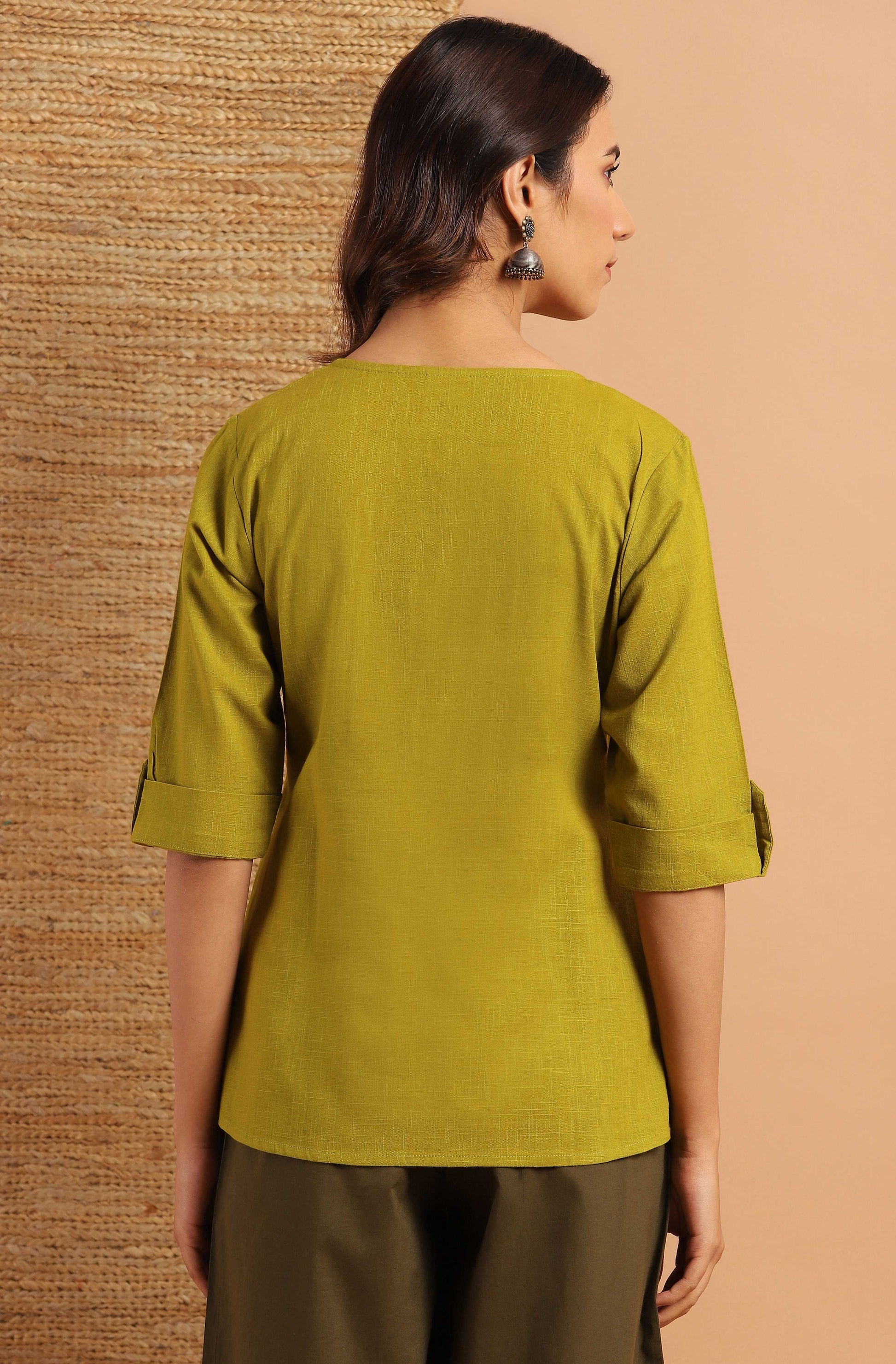 Janasya Women's Green Cotton Slub Solid Regular Top | Swadesiicart