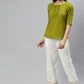 Janasya Women's Green Cotton Slub Solid Regular Top | Swadesiicart
