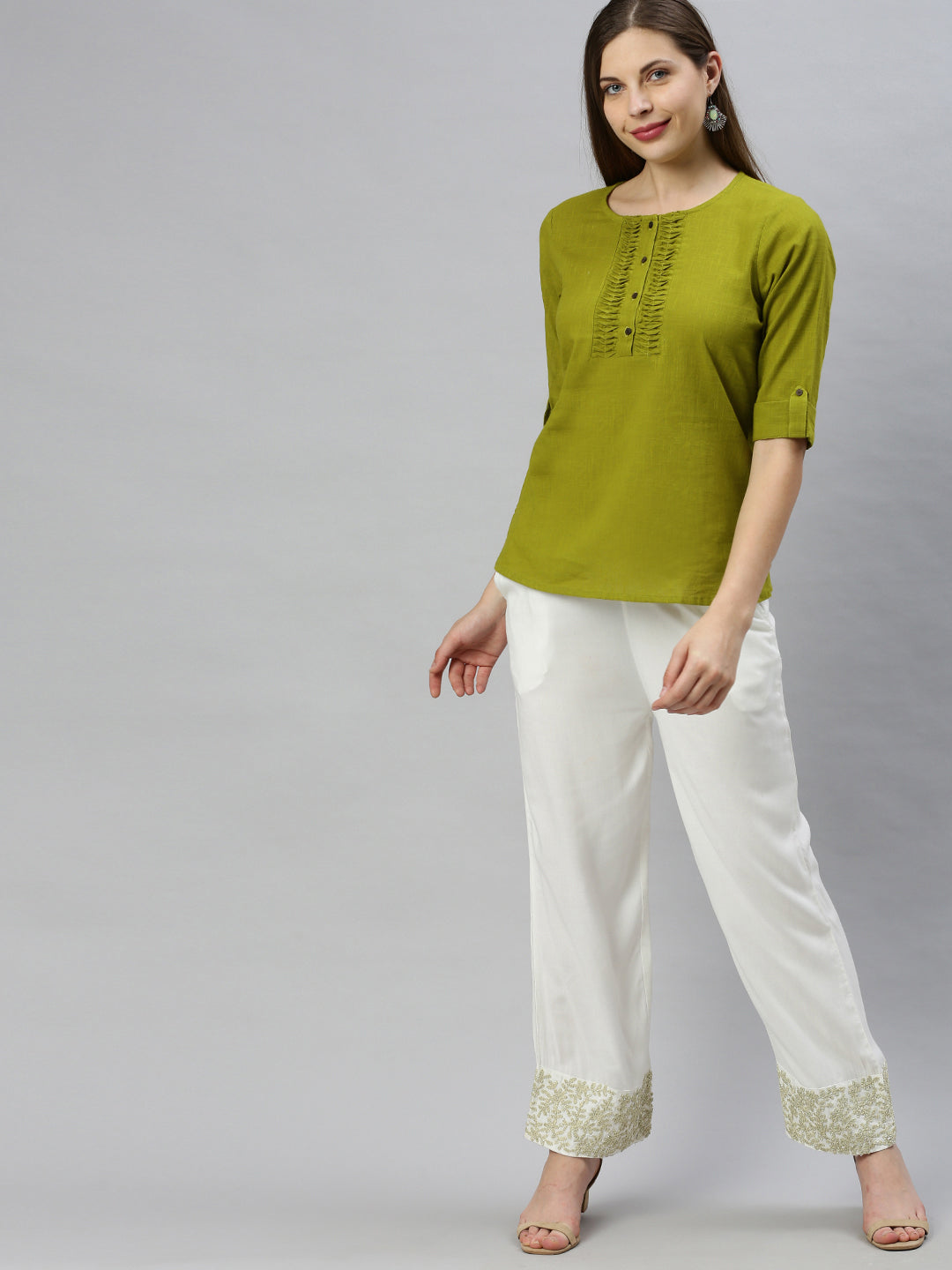 Janasya Women's Green Cotton Slub Solid Regular Top | Swadesiicart