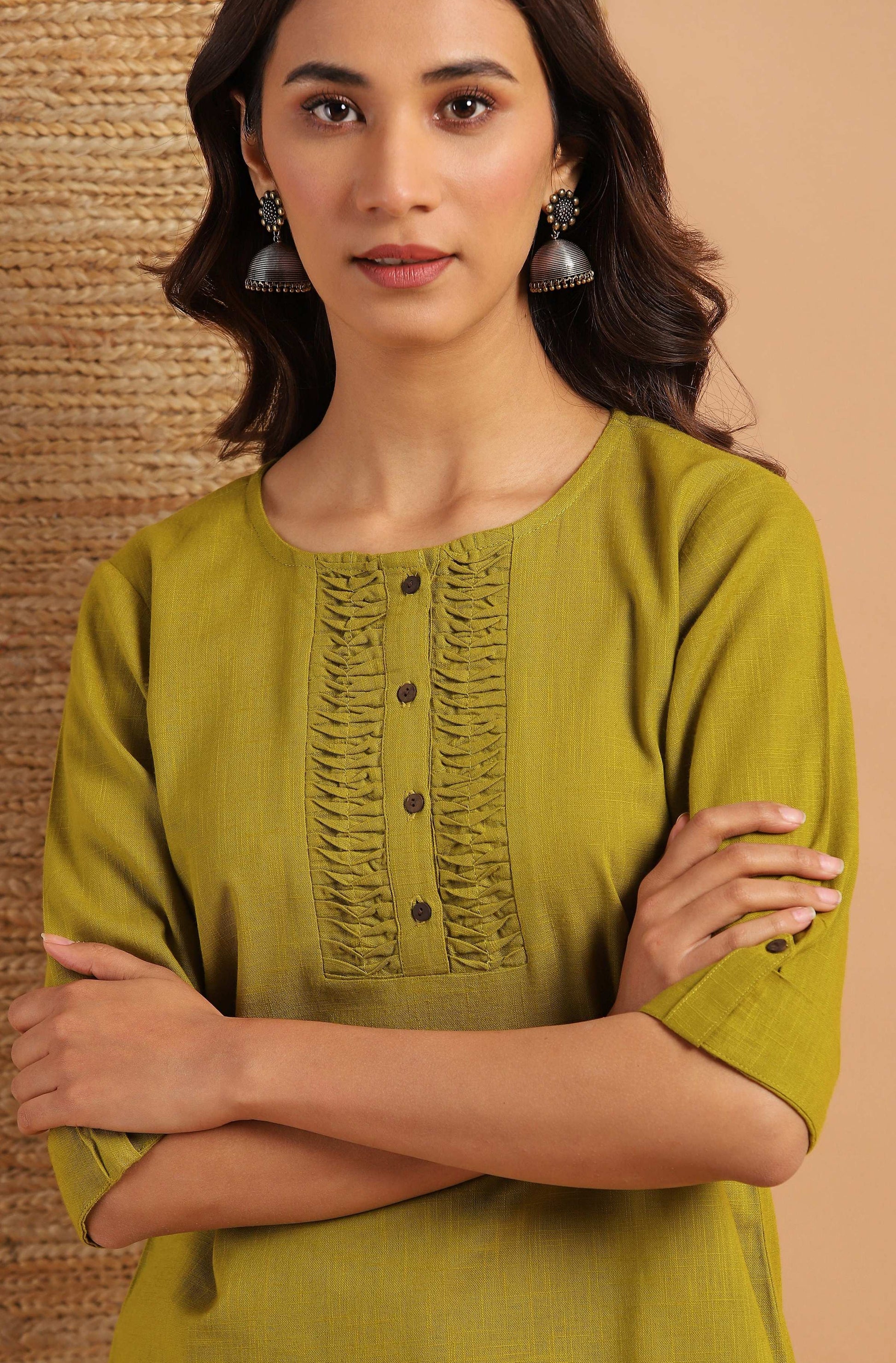 Janasya Women's Green Cotton Slub Solid Regular Top | Swadesiicart