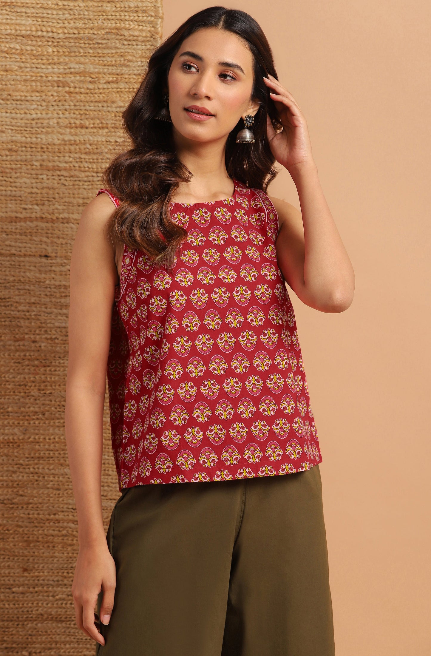 Janasya Women's Red Cotton Floral Print Regular Top | Swadesiicart