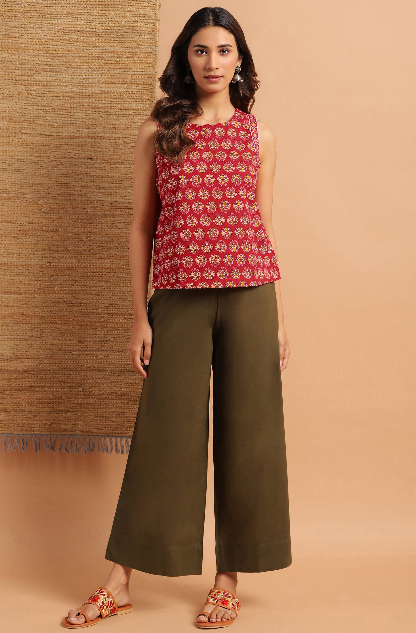 Janasya Women's Red Cotton Floral Print Regular Top | Swadesiicart