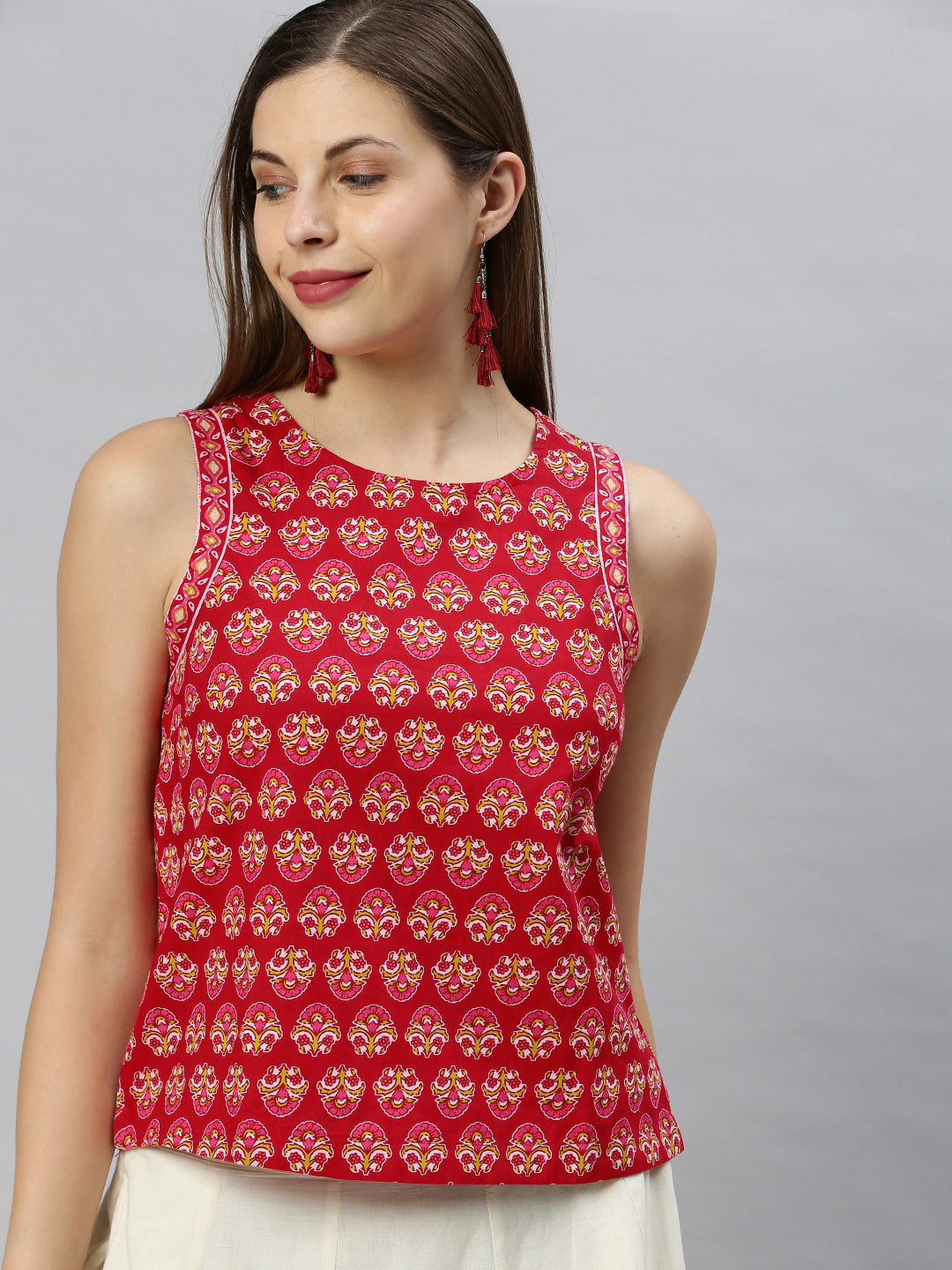 Janasya Women's Red Cotton Floral Print Regular Top | Swadesiicart