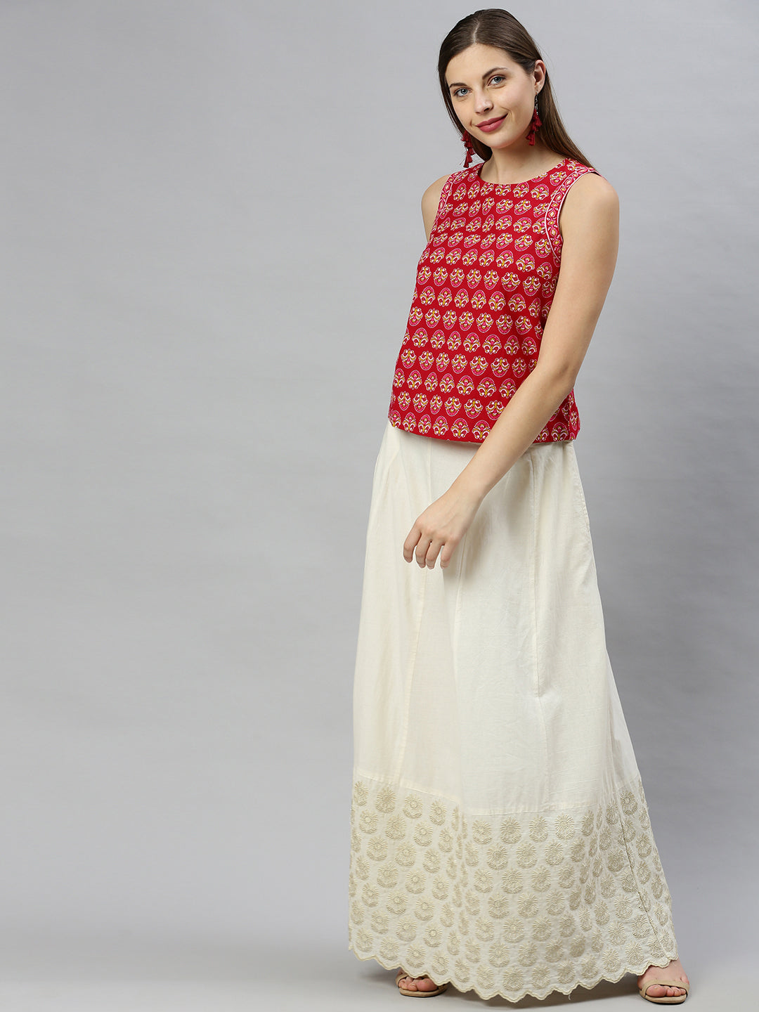 Janasya Women's Red Cotton Floral Print Regular Top | Swadesiicart