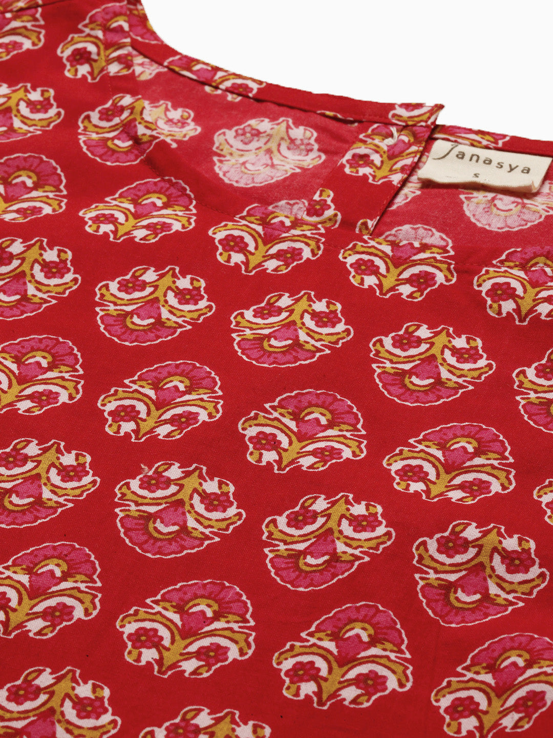 Janasya Women's Red Cotton Floral Print Regular Top | Swadesiicart