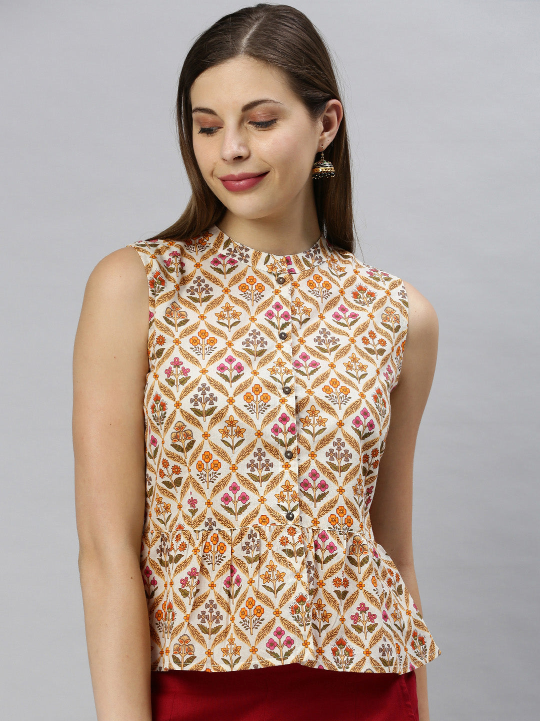 Janasya Women's Cream Cotton Floral Print Designer Back Top | Swadesiicart