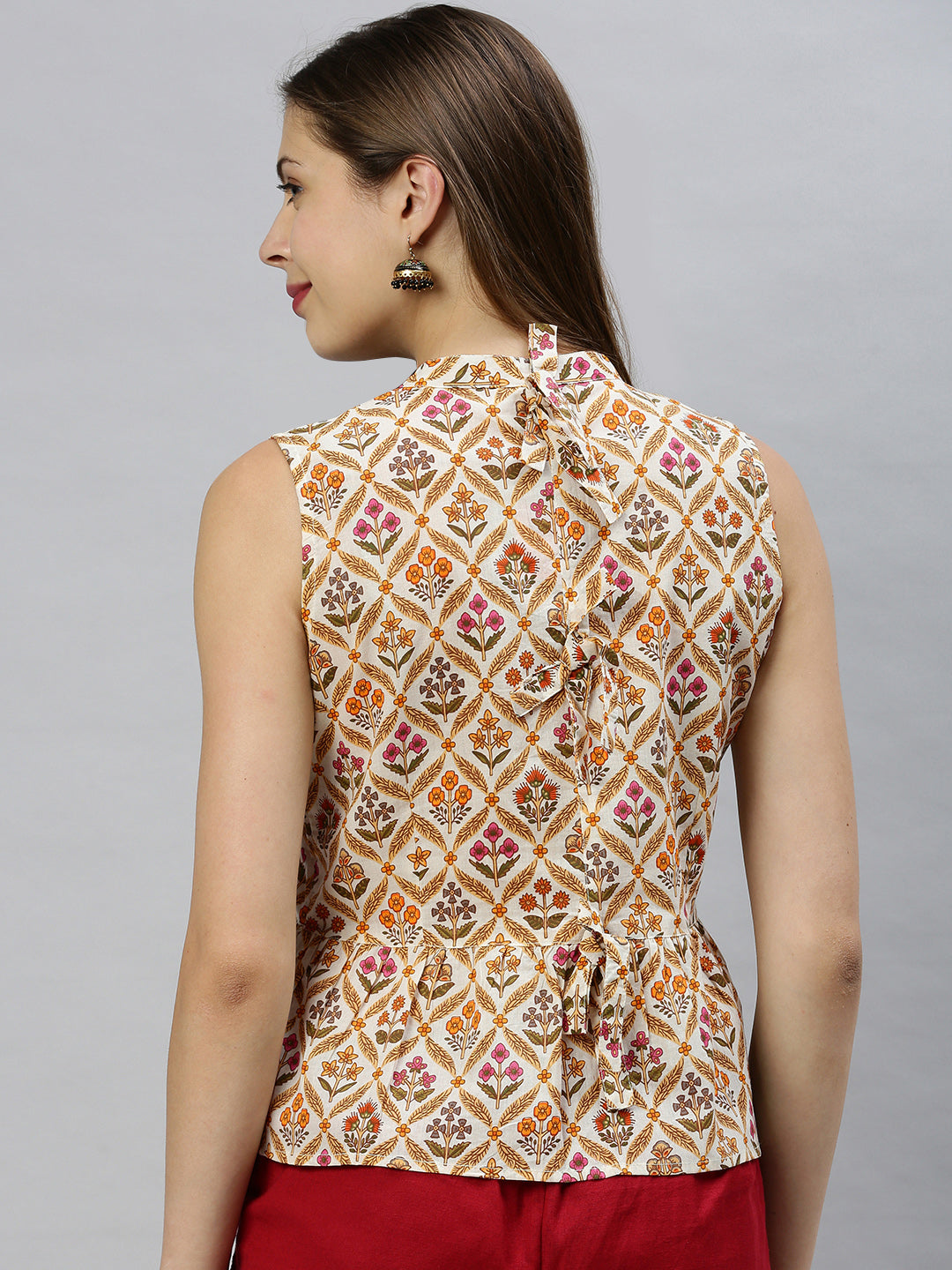 Janasya Women's Cream Cotton Floral Print Designer Back Top | Swadesiicart