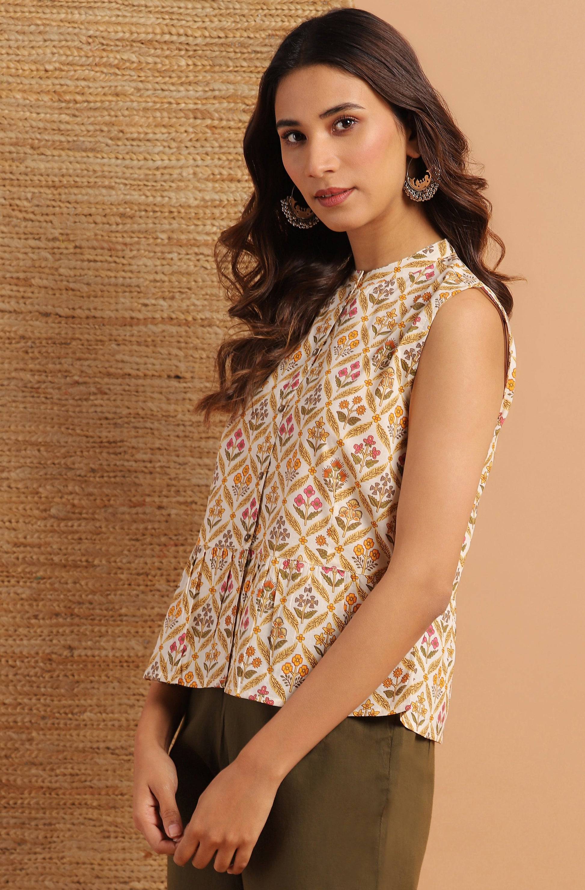 Janasya Women's Cream Cotton Floral Print Designer Back Top | Swadesiicart