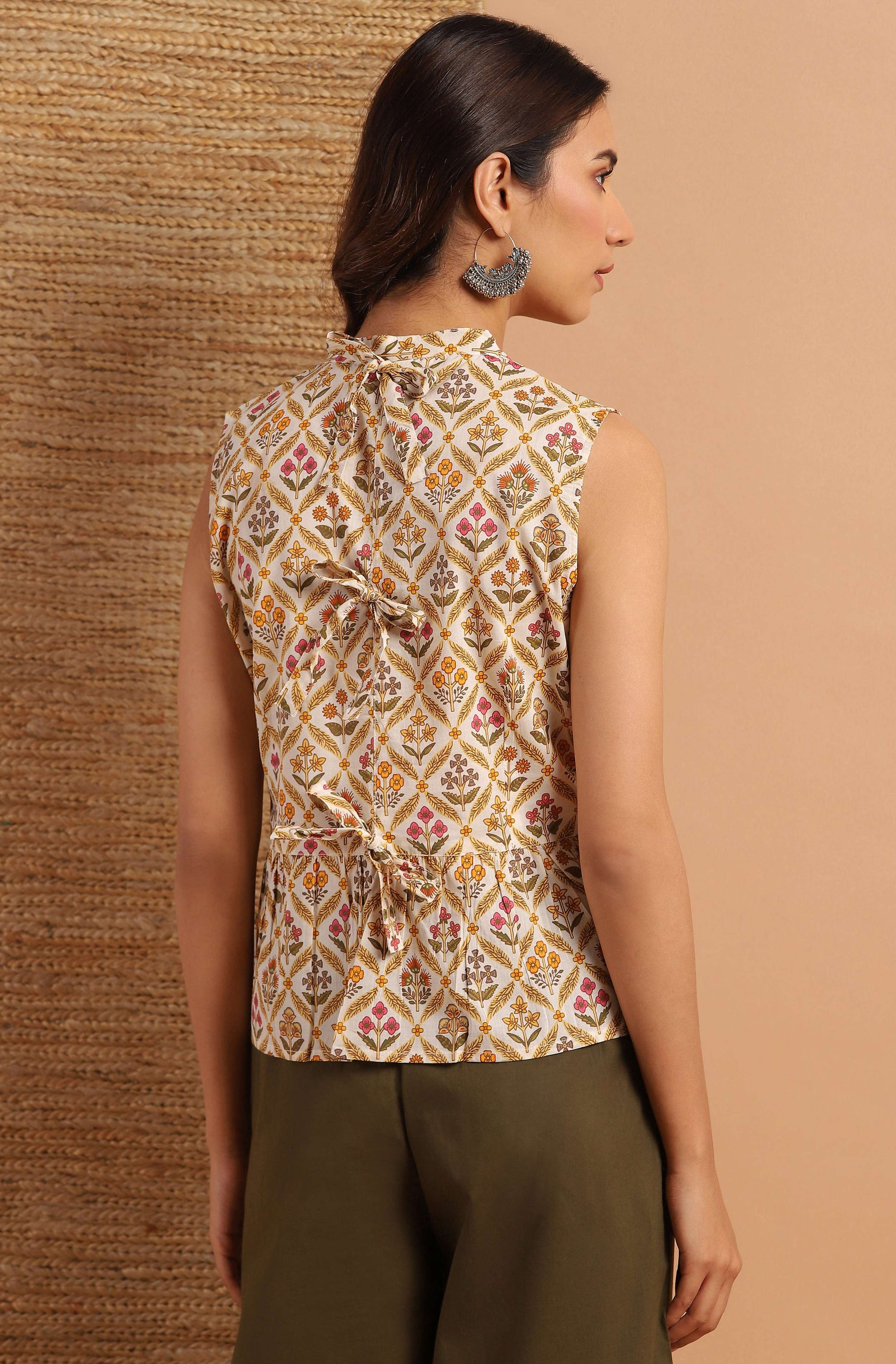 Janasya Women's Cream Cotton Floral Print Designer Back Top | Swadesiicart