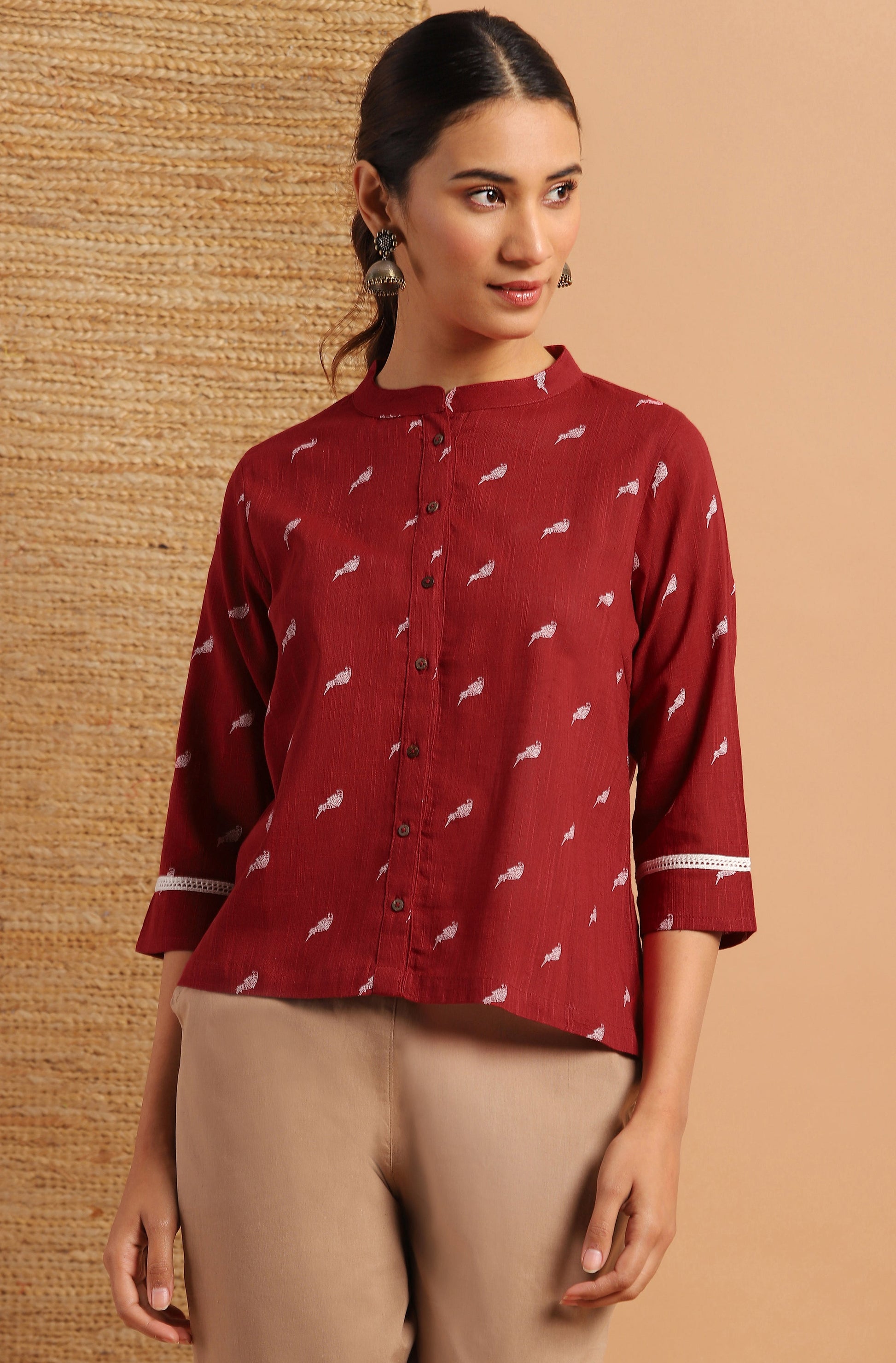 Janasya Women's Maroon Cotton Slub Animal Print Shirt Style Top | Swadesiicart