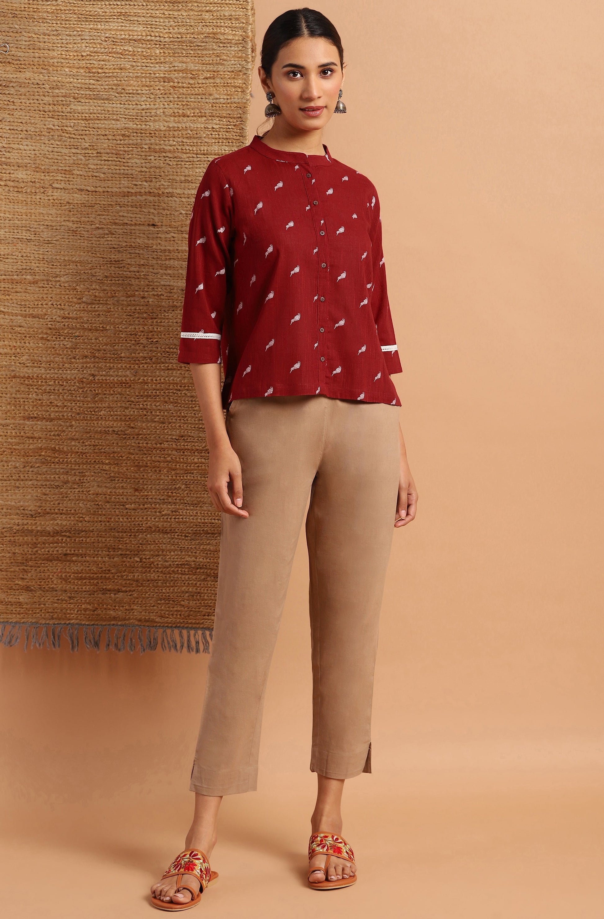 Janasya Women's Maroon Cotton Slub Animal Print Shirt Style Top | Swadesiicart