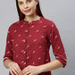Janasya Women's Maroon Cotton Slub Animal Print Shirt Style Top | Swadesiicart