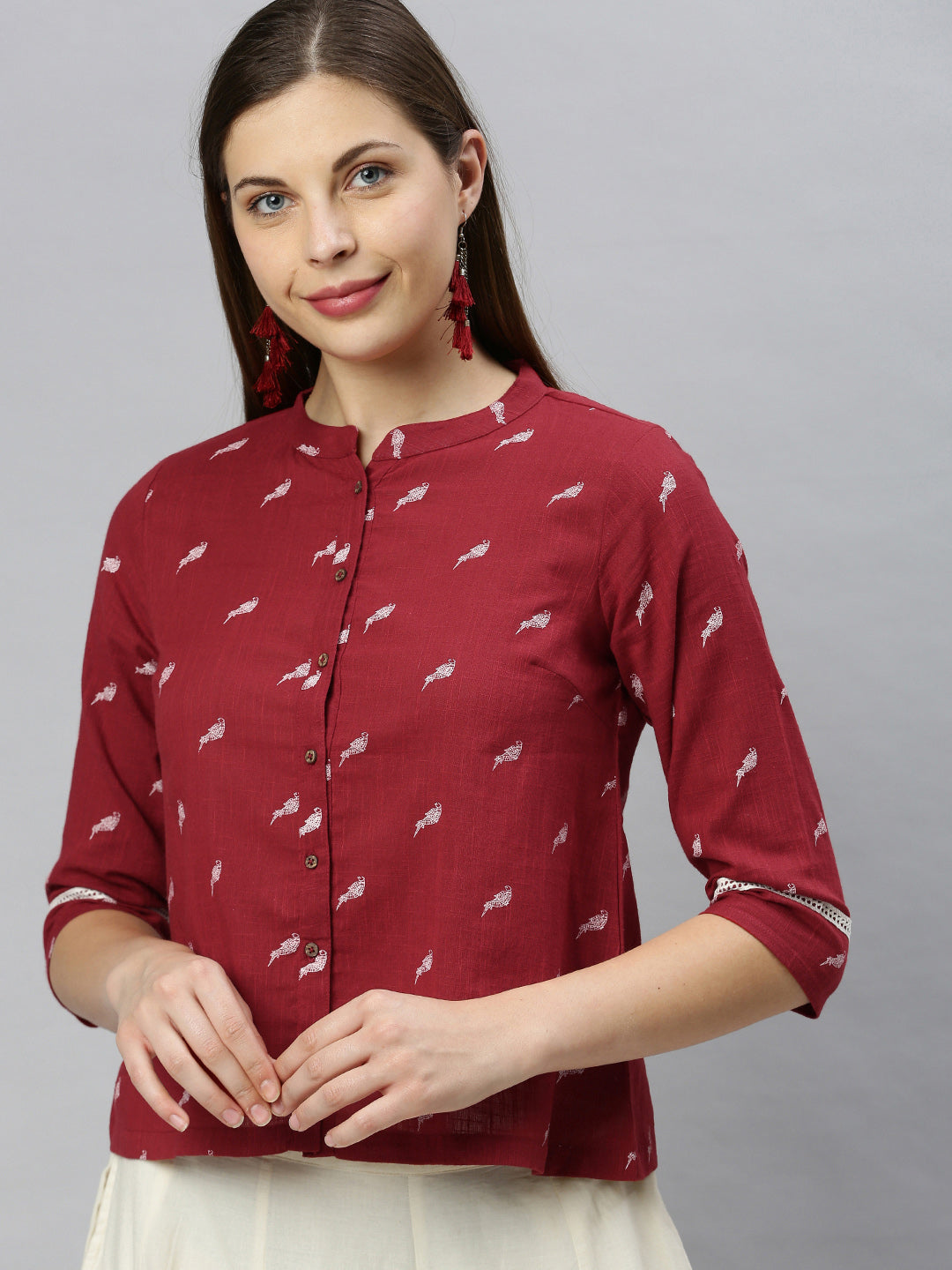 Janasya Women's Maroon Cotton Slub Animal Print Shirt Style Top | Swadesiicart