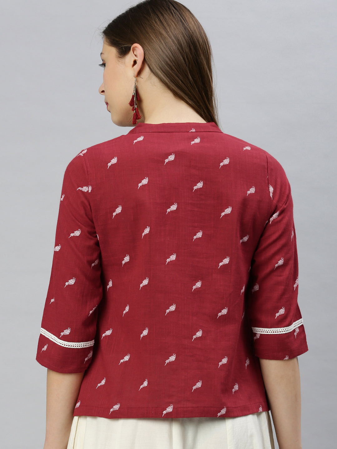 Janasya Women's Maroon Cotton Slub Animal Print Shirt Style Top | Swadesiicart