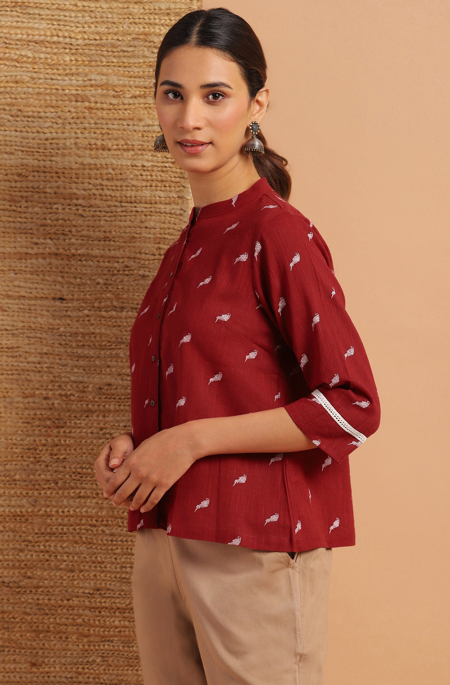 Janasya Women's Maroon Cotton Slub Animal Print Shirt Style Top | Swadesiicart