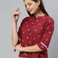 Janasya Women's Maroon Cotton Slub Animal Print Shirt Style Top | Swadesiicart