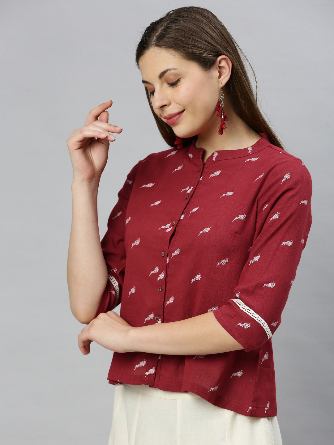 Janasya Women's Maroon Cotton Slub Animal Print Shirt Style Top | Swadesiicart