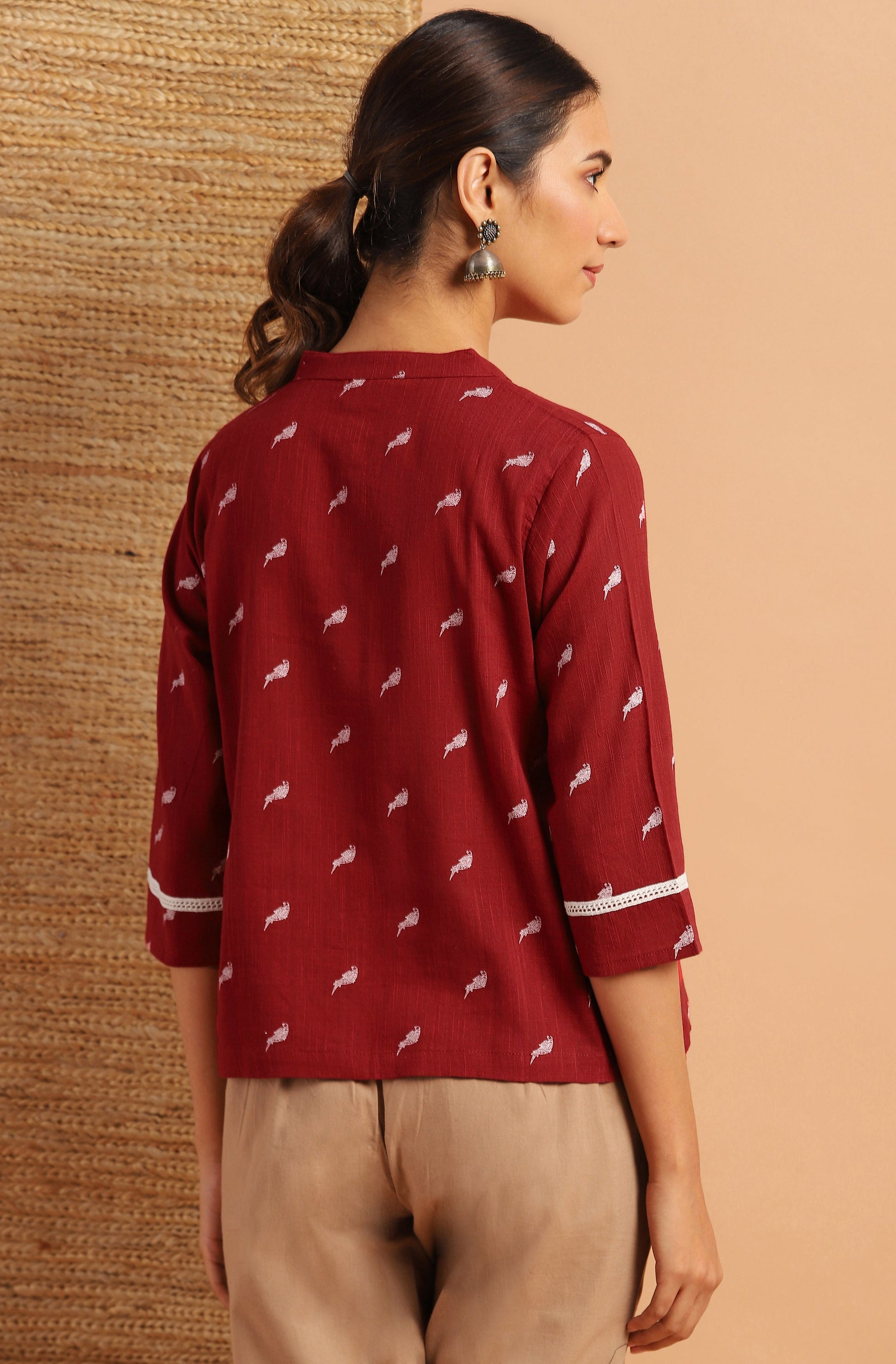 Janasya Women's Maroon Cotton Slub Animal Print Shirt Style Top | Swadesiicart