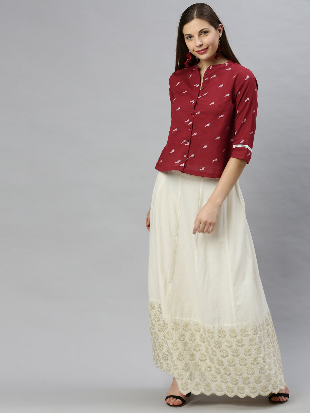 Janasya Women's Maroon Cotton Slub Animal Print Shirt Style Top | Swadesiicart