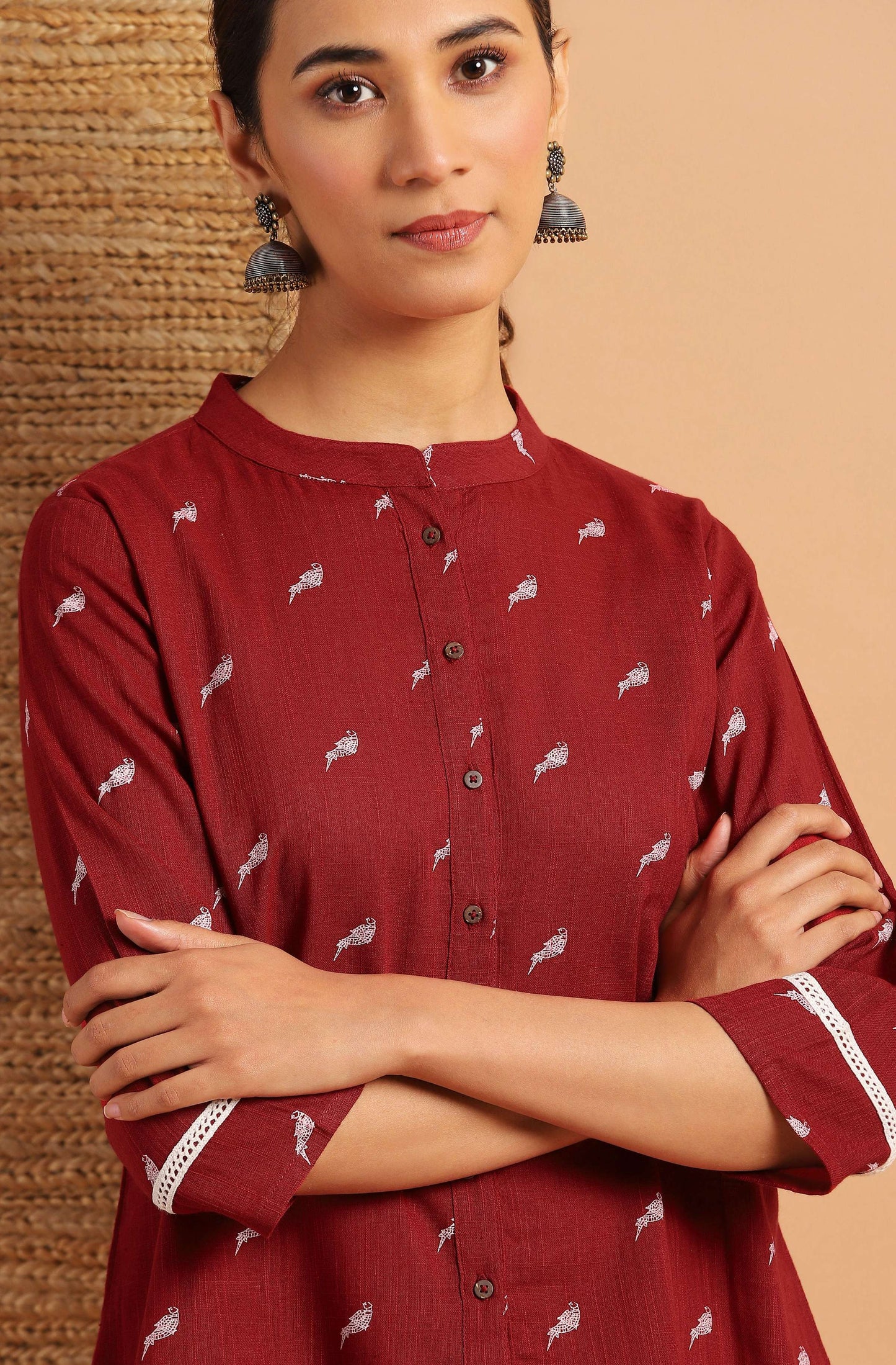 Janasya Women's Maroon Cotton Slub Animal Print Shirt Style Top | Swadesiicart