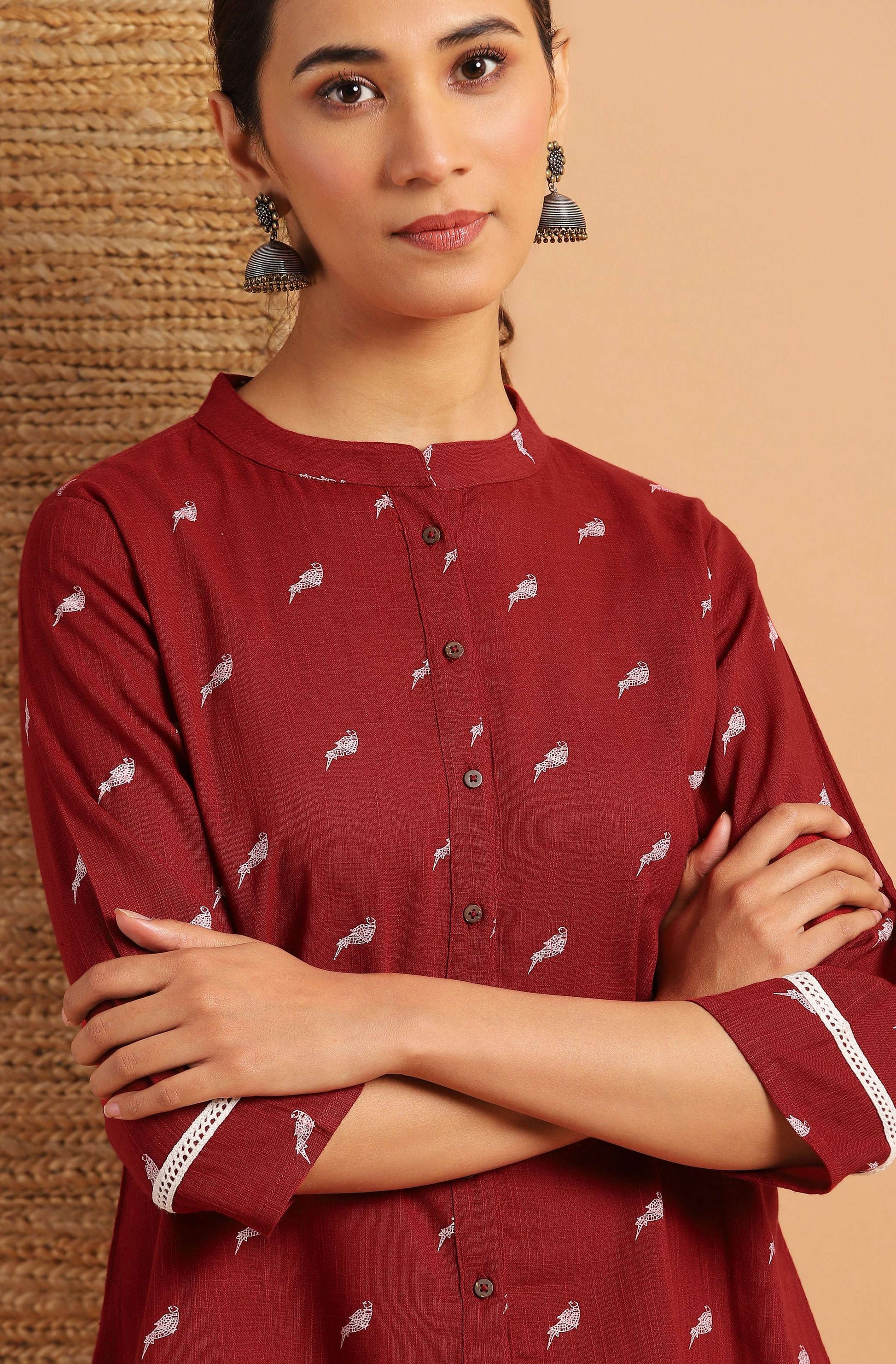 Janasya Women's Maroon Cotton Slub Animal Print Shirt Style Top | Swadesiicart