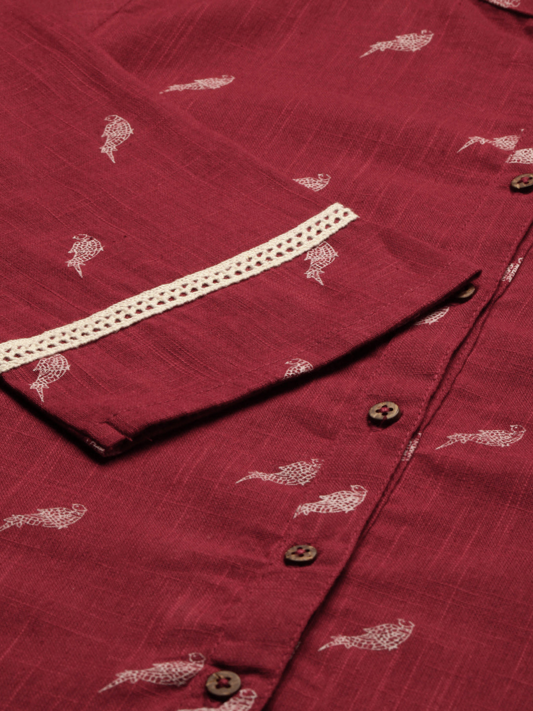Janasya Women's Maroon Cotton Slub Animal Print Shirt Style Top | Swadesiicart