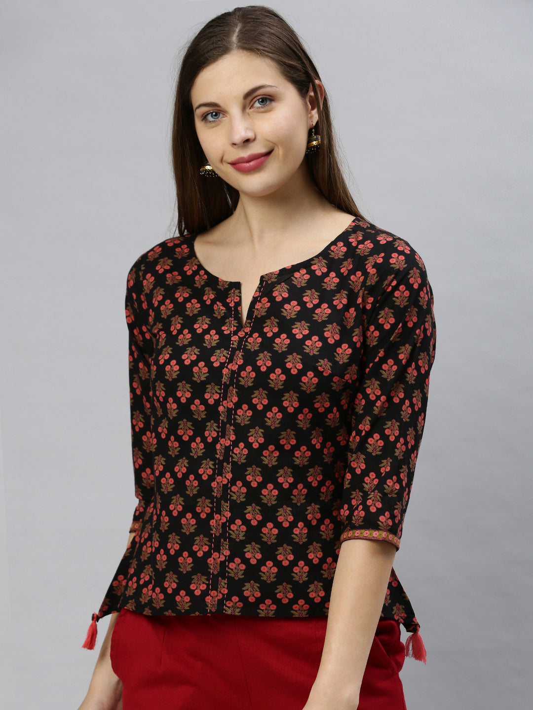 Janasya Women's Black Cotton Floral Print Regular Top | Swadesiicart
