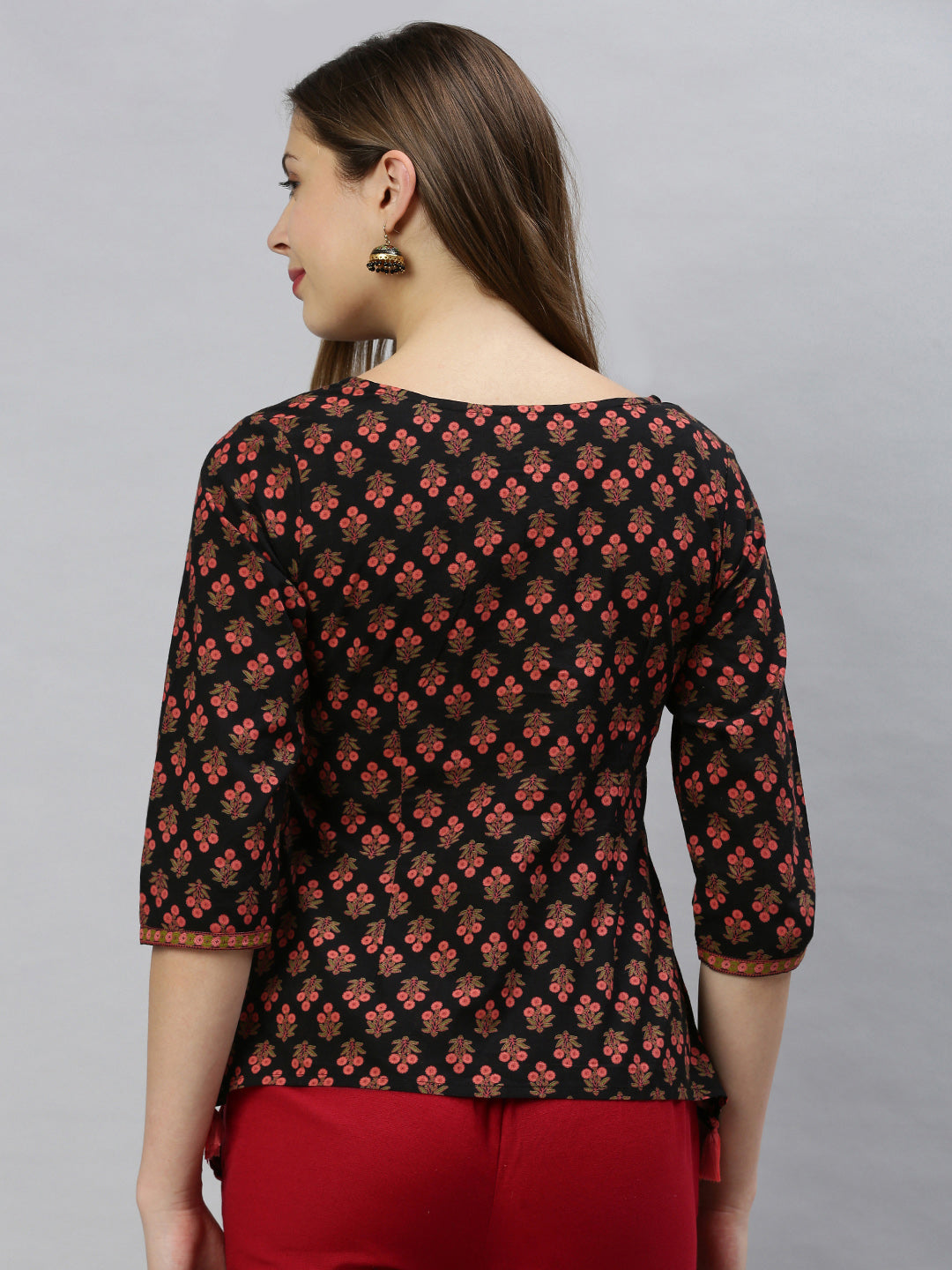 Janasya Women's Black Cotton Floral Print Regular Top | Swadesiicart