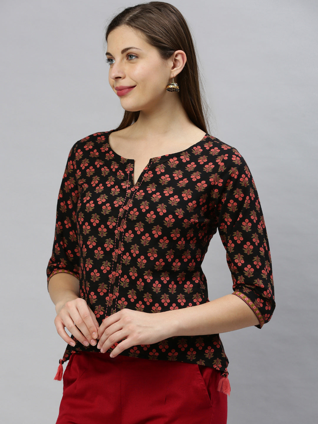 Janasya Women's Black Cotton Floral Print Regular Top | Swadesiicart