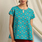 Janasya Women's Teal Cotton Slub Floral Print Regular Top | Swadesiicart