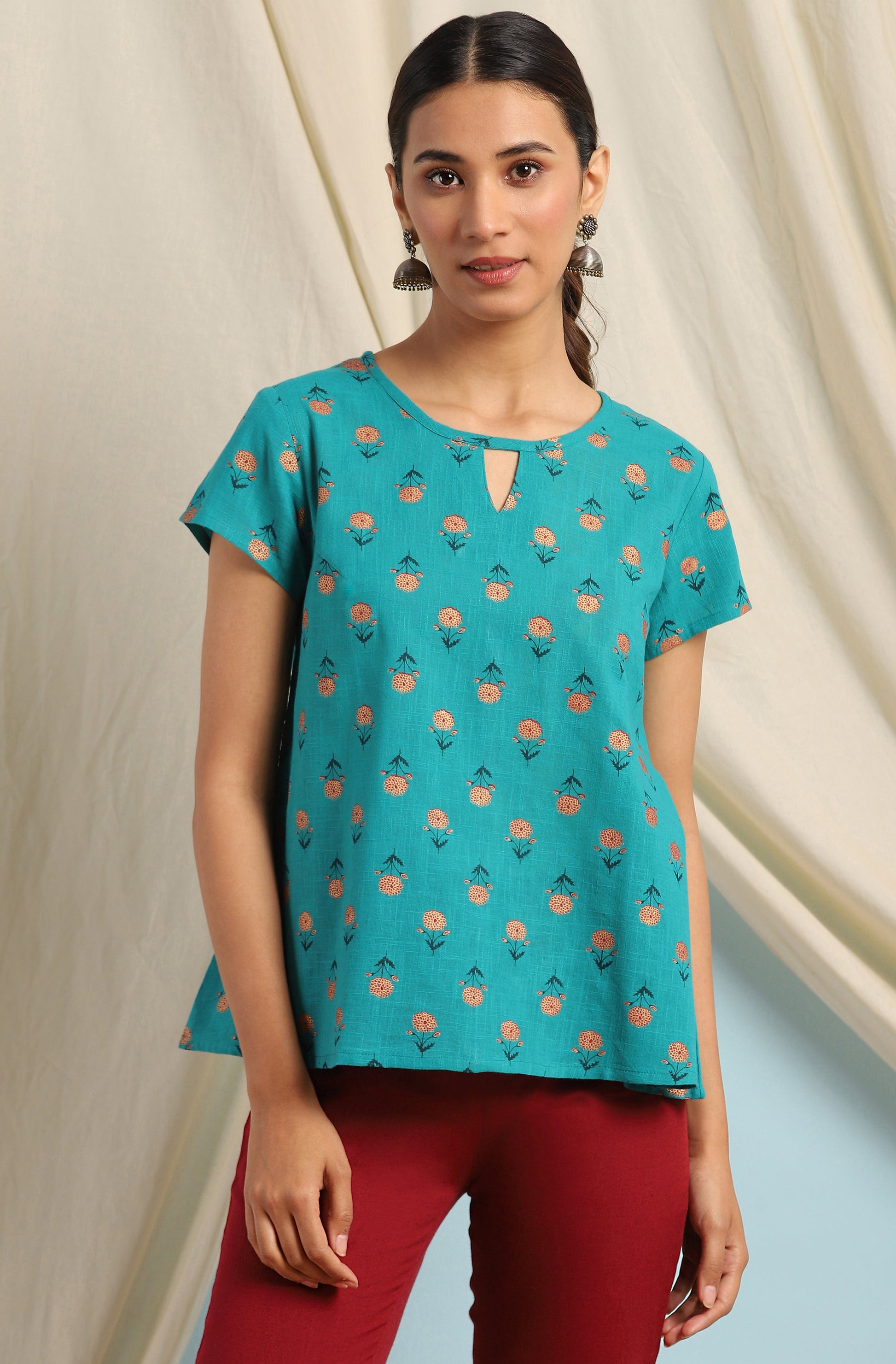 Janasya Women's Teal Cotton Slub Floral Print Regular Top | Swadesiicart