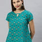Janasya Women's Teal Cotton Slub Floral Print Regular Top | Swadesiicart