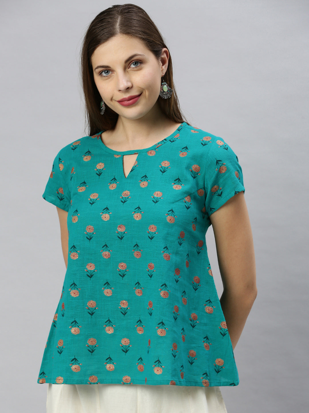 Janasya Women's Teal Cotton Slub Floral Print Regular Top | Swadesiicart