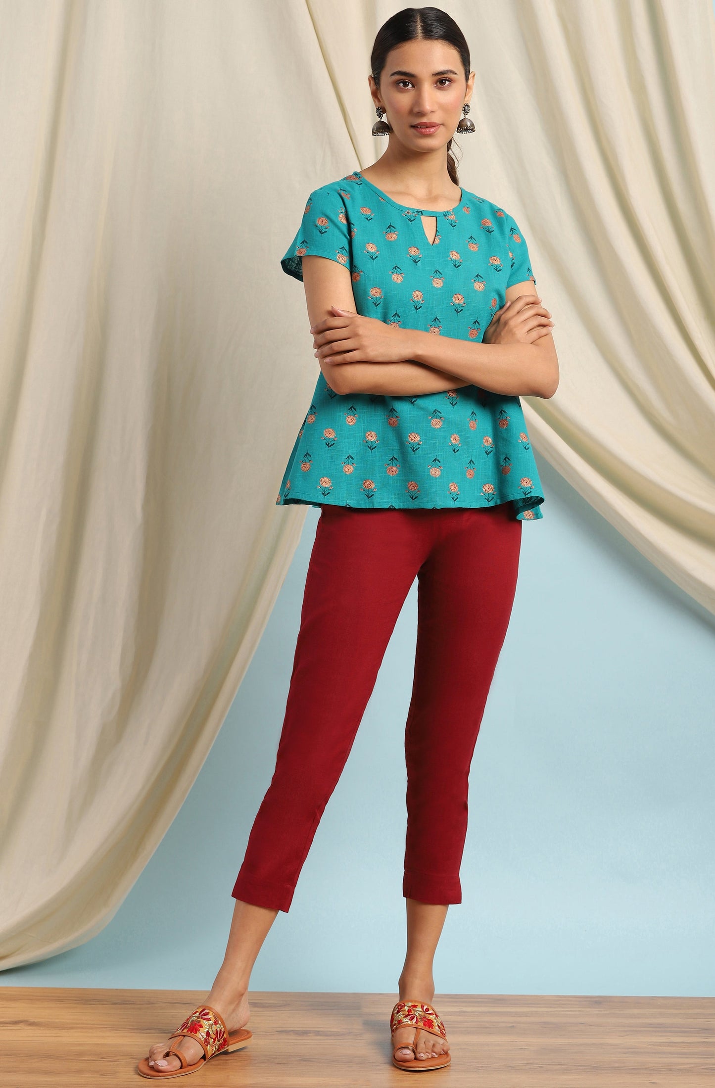 Janasya Women's Teal Cotton Slub Floral Print Regular Top | Swadesiicart
