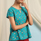 Janasya Women's Teal Cotton Slub Floral Print Regular Top | Swadesiicart