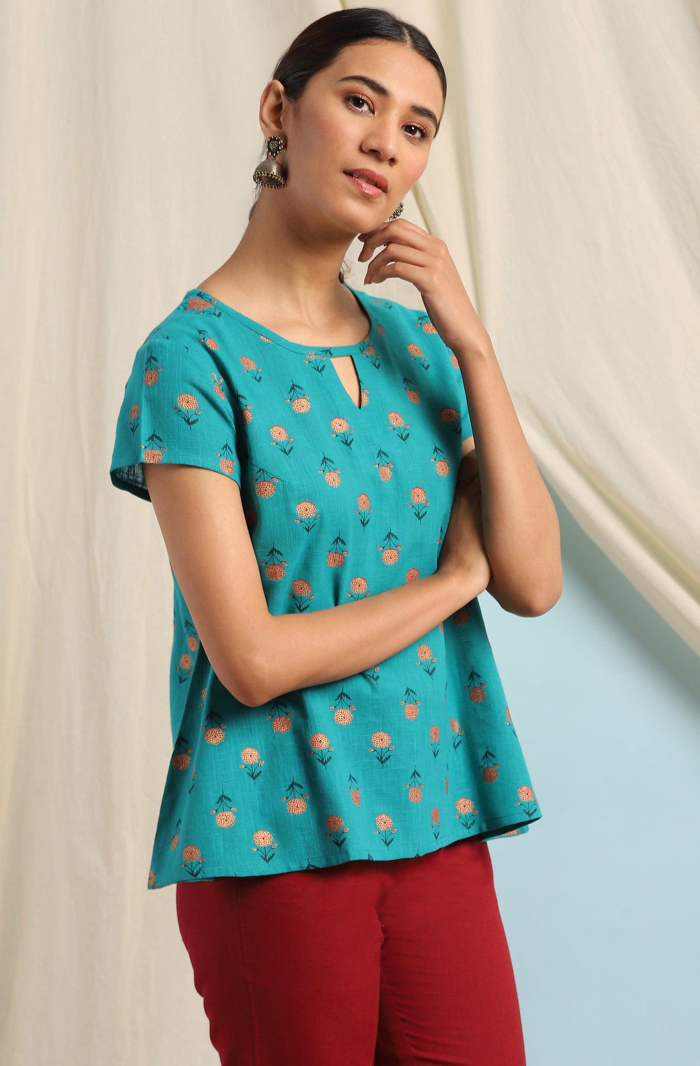 Janasya Women's Teal Cotton Slub Floral Print Regular Top | Swadesiicart